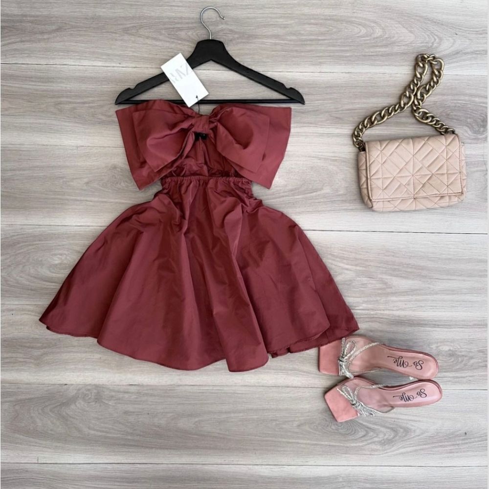 Zara CUT OUT BOW TAFFETA DRESS brown